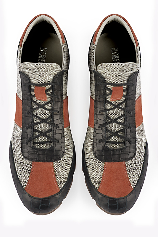 Satin black, ash grey and terracotta orange two-tone dress sneakers for men. Round toe. Flat rubber soles. Top view - Florence KOOIJMAN
